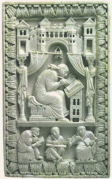 Der Heilige Gregor mit den Schreibern - Elfenbeintafel aus dem Reichenauer Evangeliar