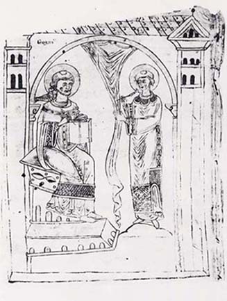 Der Heilige Gregor und sein Schler Petrus - Einzelblatt aus einer liturgischen Pergamenthandschrift