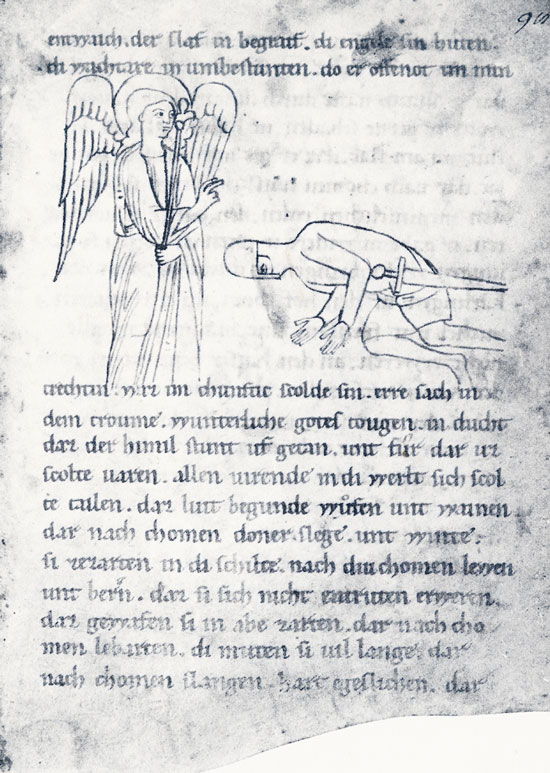 Engel segnet knieenden Ritter, schriftzeichen