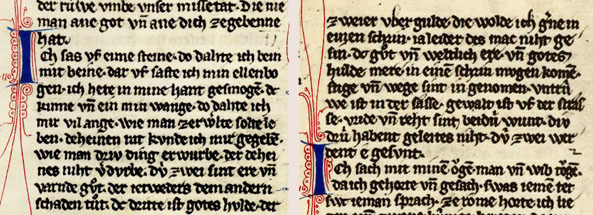 Liedtext: 'Ich sa auf einem Steine' aus: Cod. Pal. germ. 848 - Groe Heidelberger Liederhandschrift (Codex Manesse). Zrich 1305-1340, Blatt 125r (Ausschnitt).