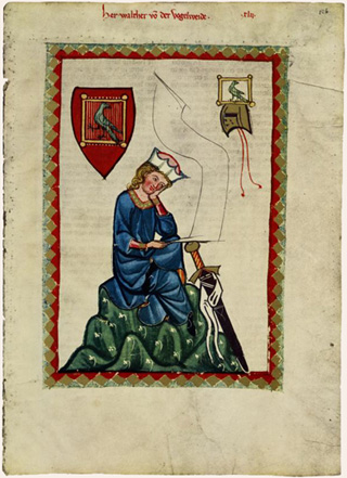 'Bildnis des Walther von der Vogelweide' aus: Cod. Pal. germ. 848 - Groe Heidelberger Liederhandschrift (Codex Manesse). Zrich 1305-1340, Blatt 124r: Herr Walther von der Vogelweide.
